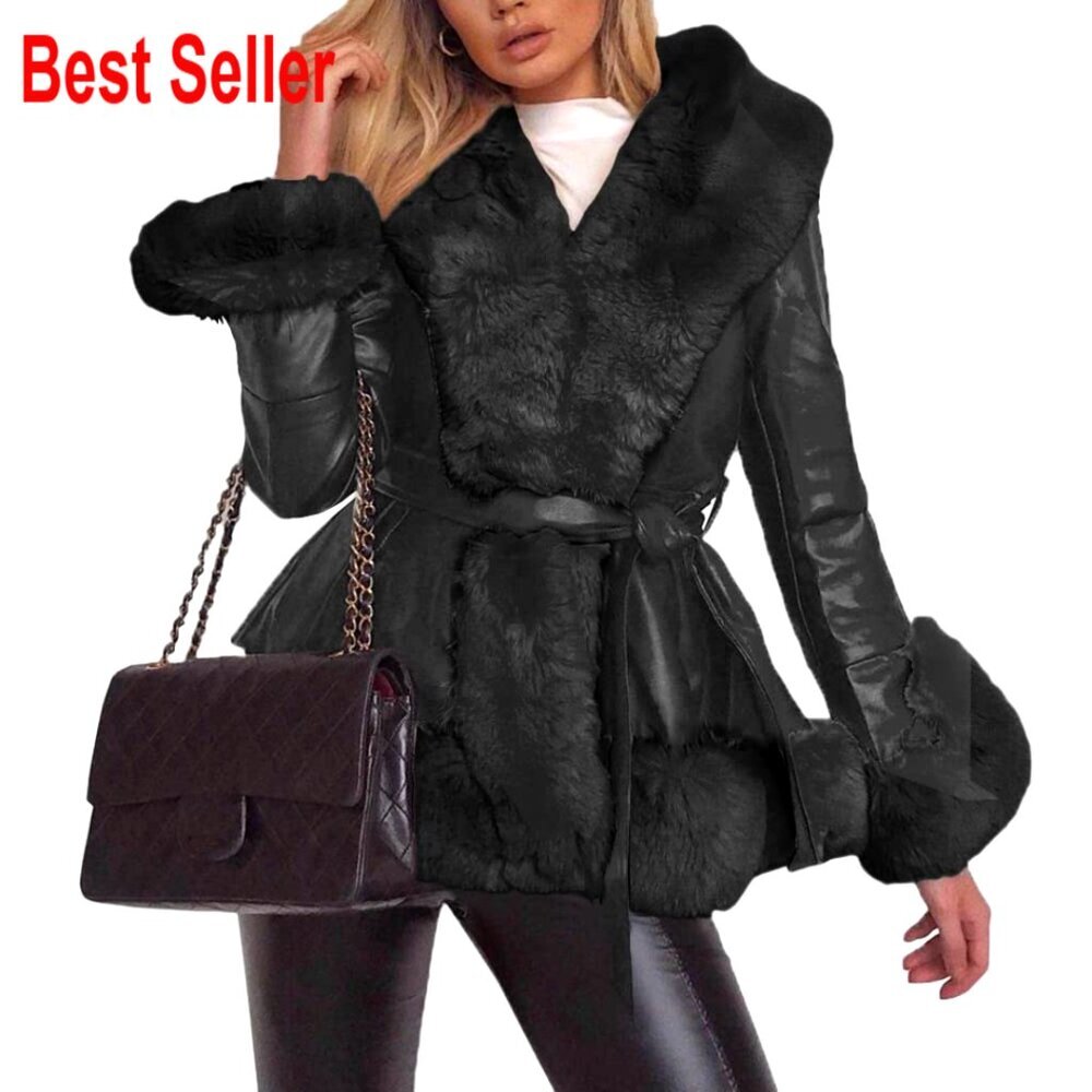 Faux Leather Jacket with Fur Collar, Long Sleeve Parka Coat Slim Fit